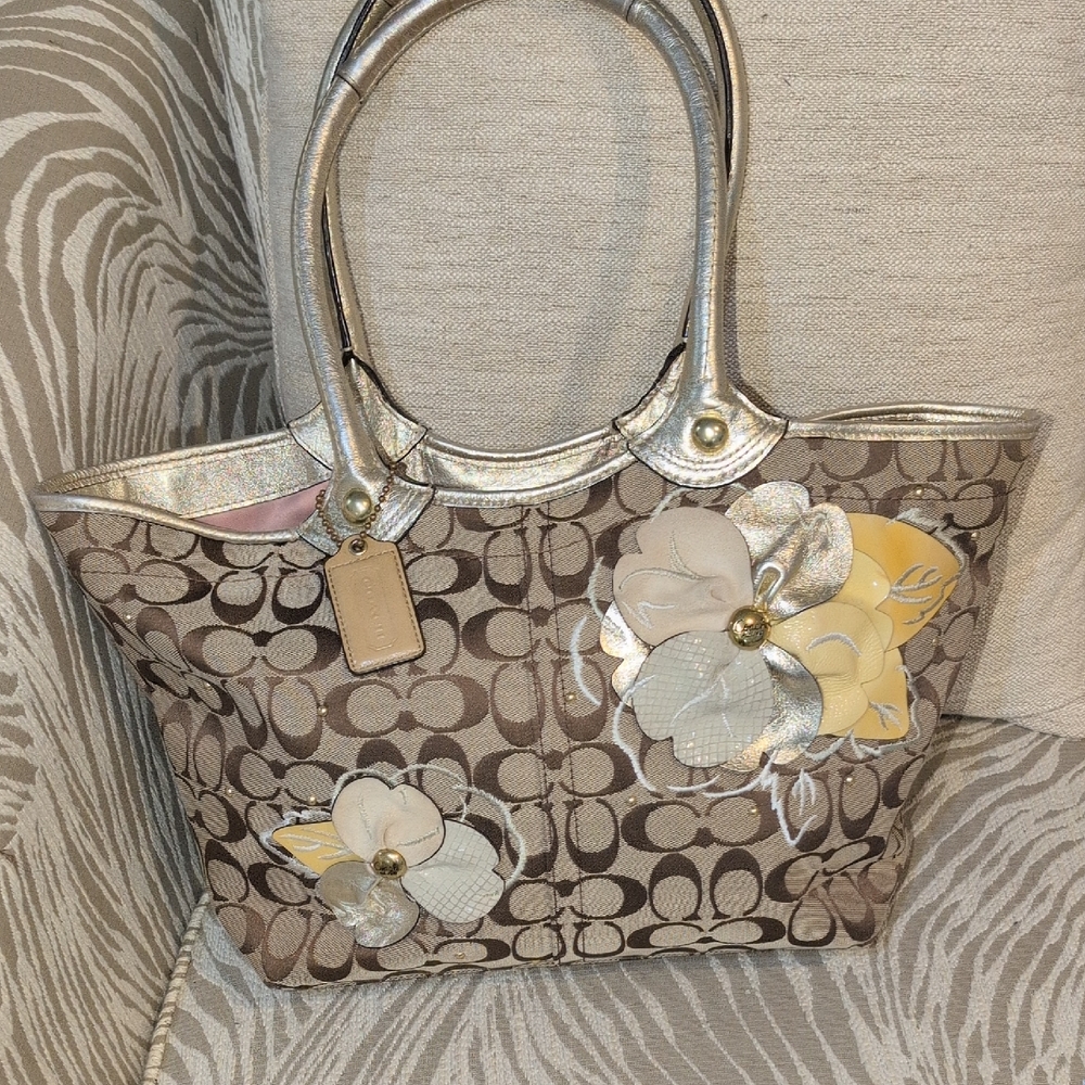 Coach Bleeket Brown and Silver Tote with Floral Accents